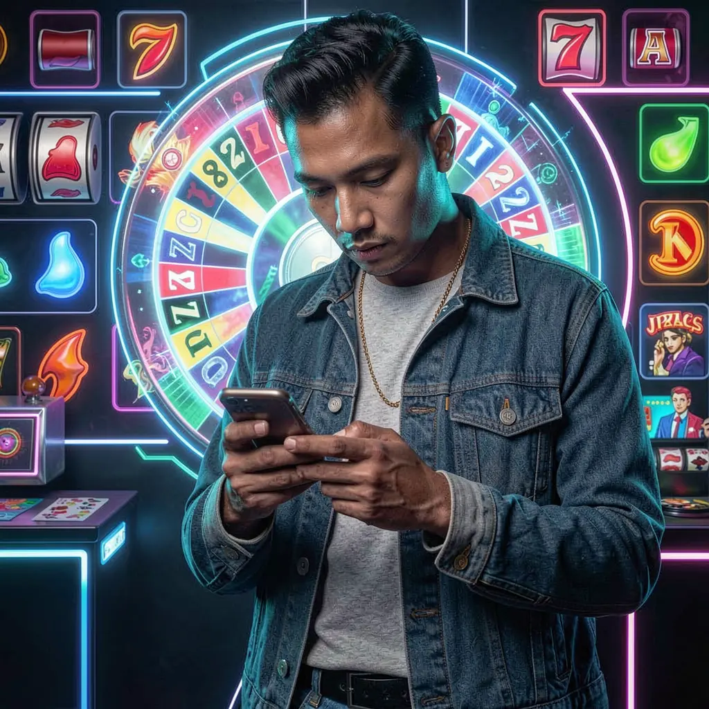 Confident Filipino player using the NNPHVIP casino app with a glowing roulette wheel and slot symbols creating a premium mobile gaming atmosphere