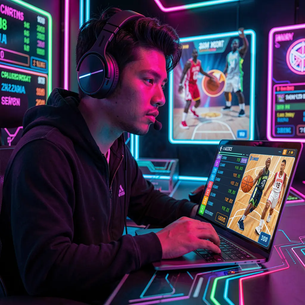 Focused Filipino sports bettor using a laptop and headphones in a neon lit room while placing live basketball bets on NNPHVIP