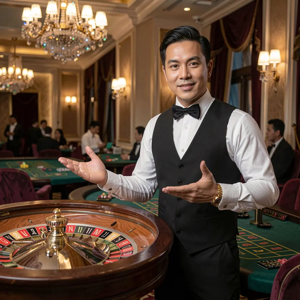 Professional NNPHVIP live dealer in a luxury casino setting welcoming players to an authentic roulette experience for the Philippine market