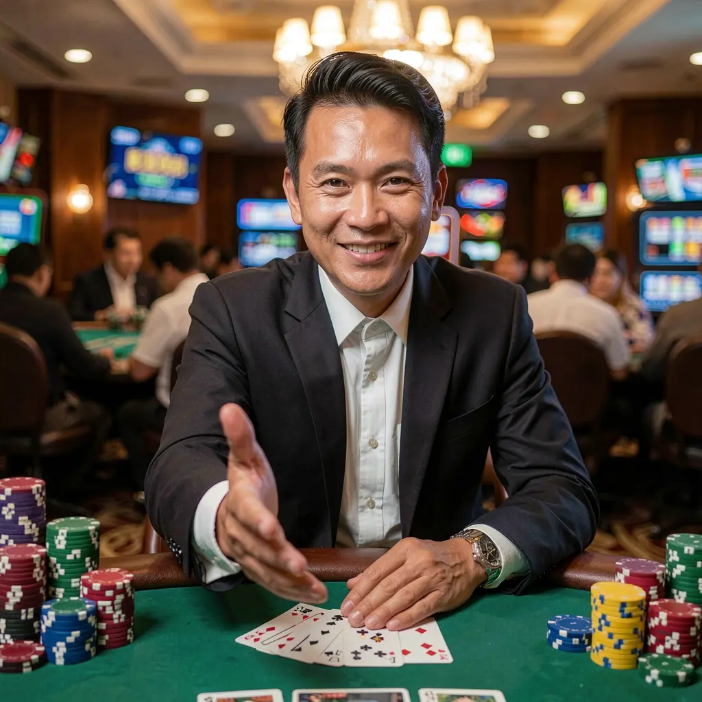 Confident Filipino casino dealer pointing forward with glowing poker chips around him representing secure and exciting access with NNPHVIP Login