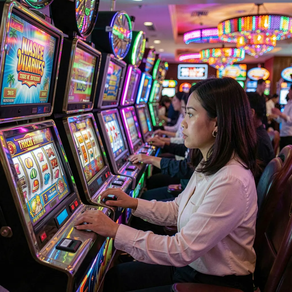 Focused Filipino woman playing a modern slot machine in a vibrant casino environment with colorful lights and immersive gameplay at NNPHVIP